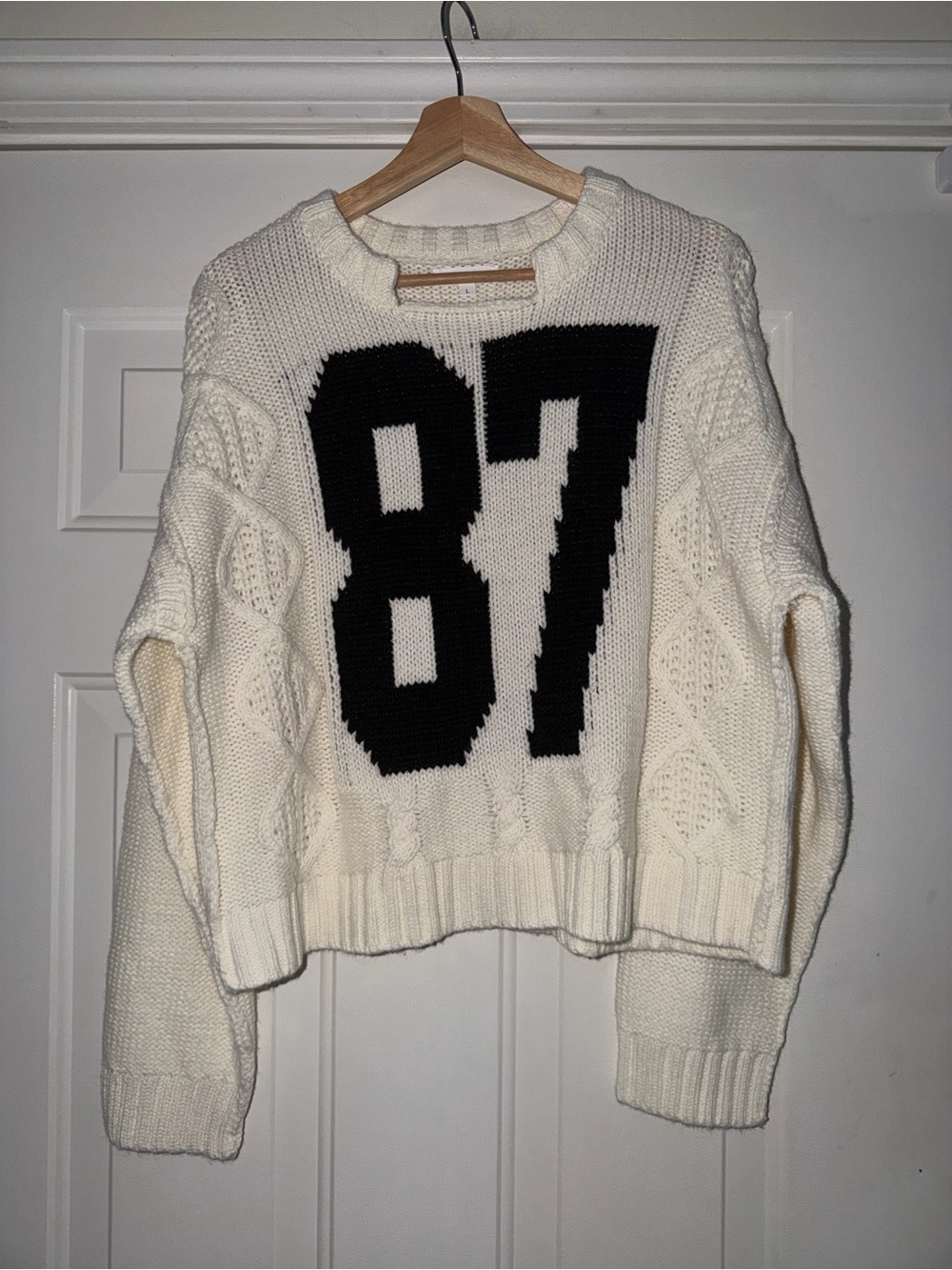 Aemi + Co Cream Cable Knit Sweater with Black '87' Graphic